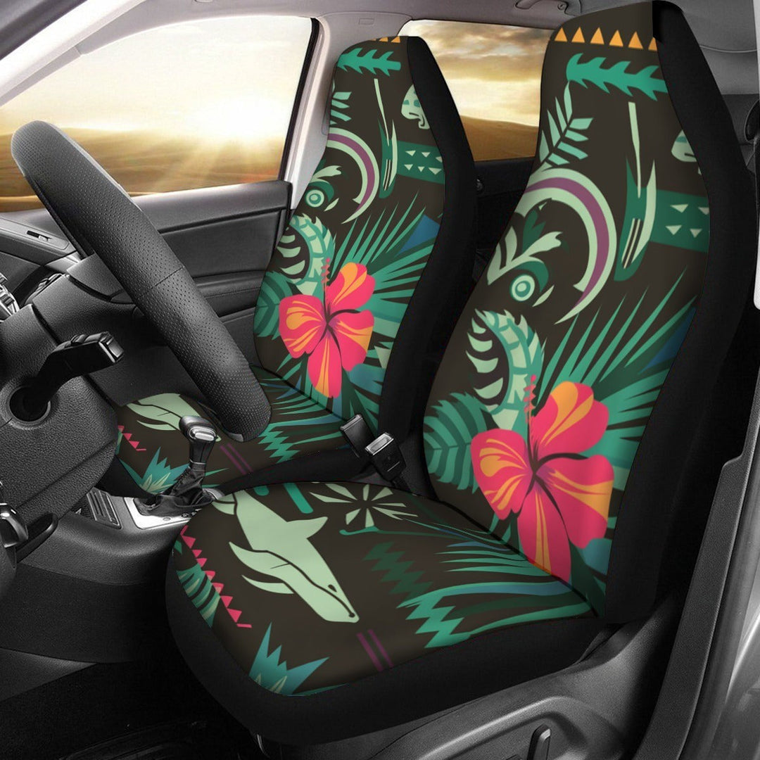 Sea Dragon Dreams car seat covers featuring a tropical Hawaii flower and whale pattern in vibrant colors