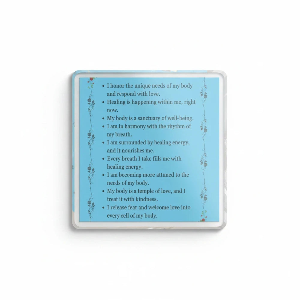 Sea Dragon Dreams square acrylic plaque with blue background, floral accents, and body-positive healing affirmations.