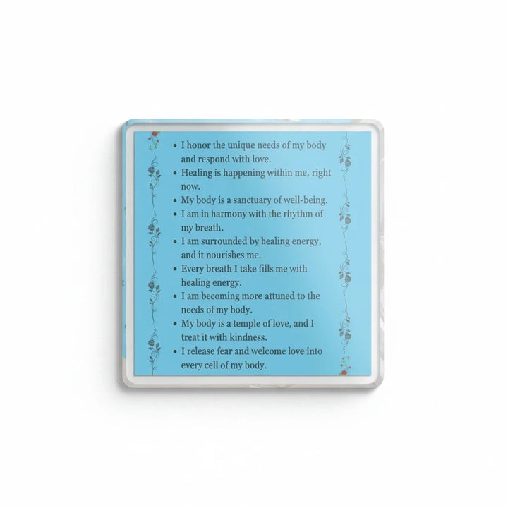 Sea Dragon Dreams square acrylic plaque with blue background, floral accents, and body-positive healing affirmations.