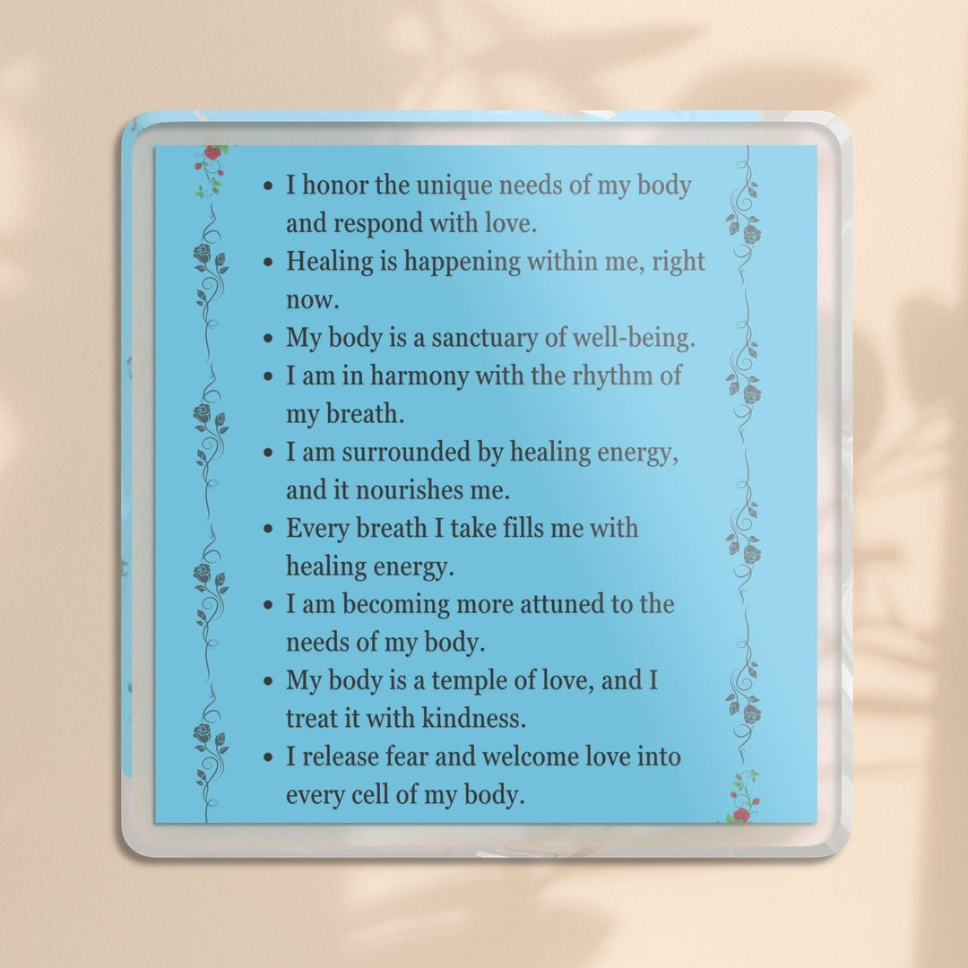 Sea Dragon Dreams healing affirmation acrylic plaque with body-positive quotes and delicate floral accents on light blue.