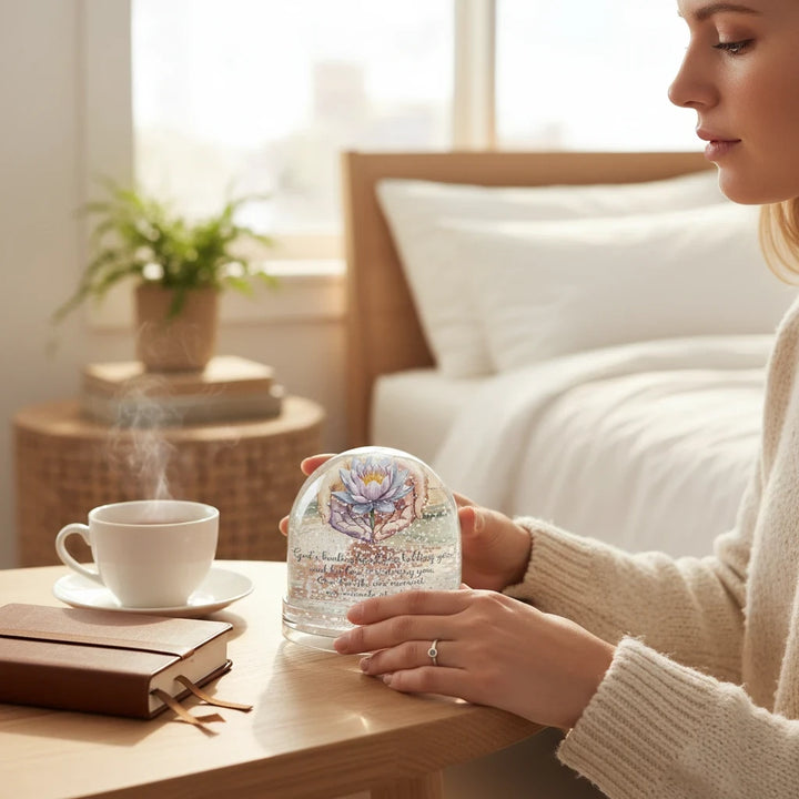 Sea Dragon Dreams inspirational snow globe with lotus flower design held by a woman in a cozy bedroom setting.