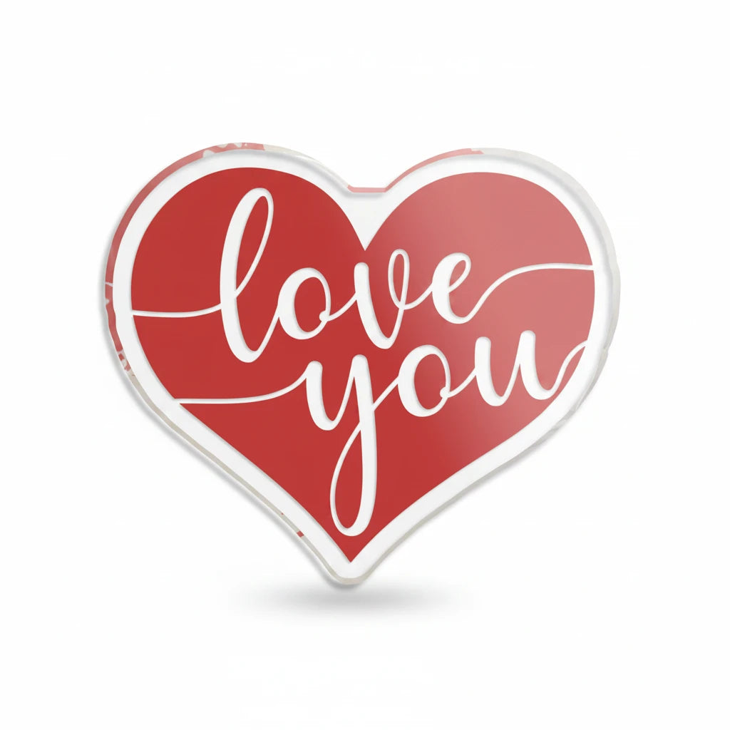 Sea Dragon Dreams heart-shaped acrylic statue with a red mirror-backed finish and white handwritten love you text.