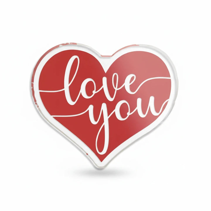 Sea Dragon Dreams heart-shaped acrylic statue with a red background and white handwritten love you text.