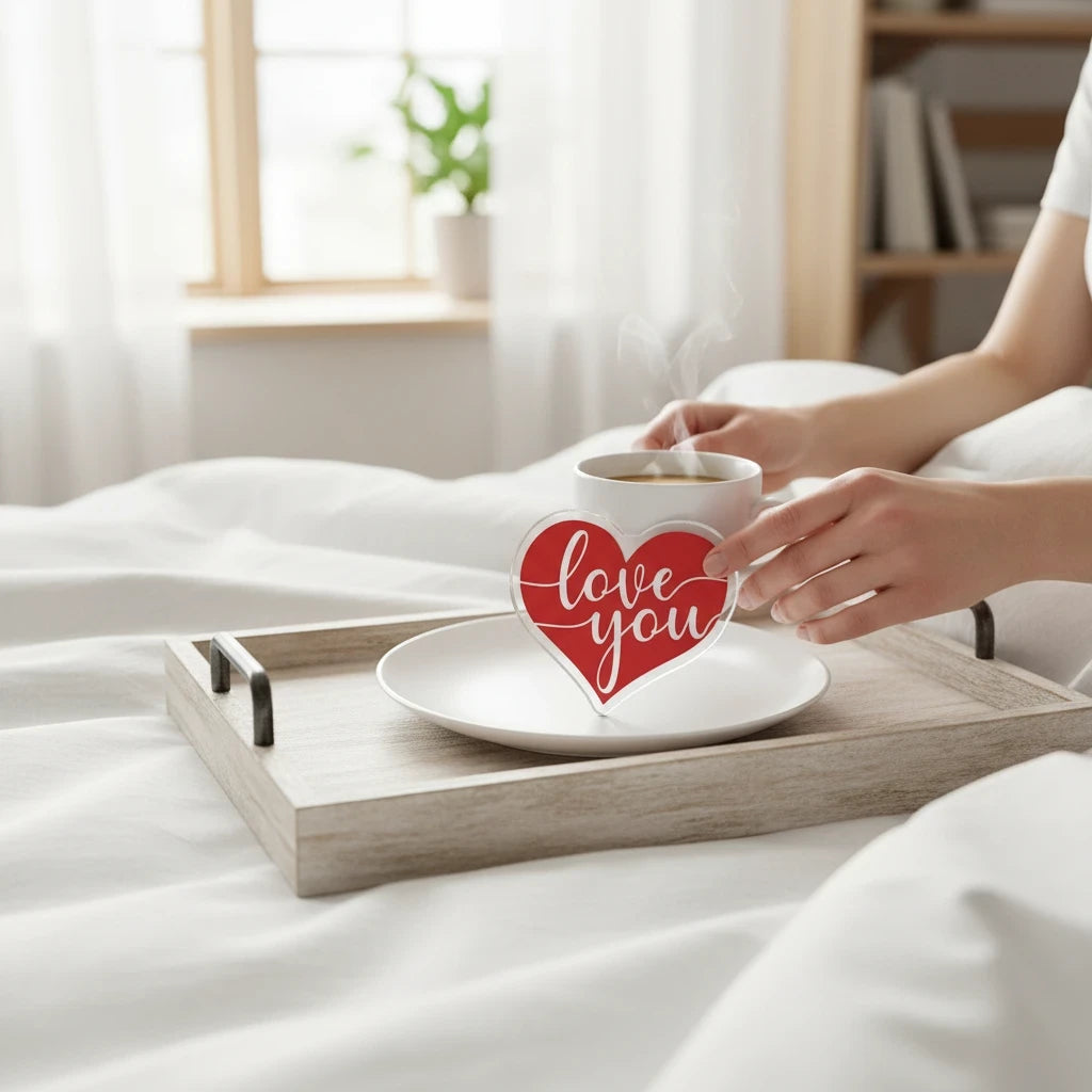 Sea Dragon Dreams heart-shaped acrylic statue with Love You text held over a breakfast tray on a white bed.