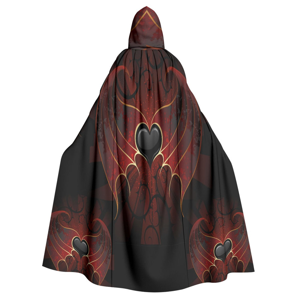 Sea Dragon Dreams unisex hooded cloak in black and red with heart and wing patterns on smooth scuba fabric.