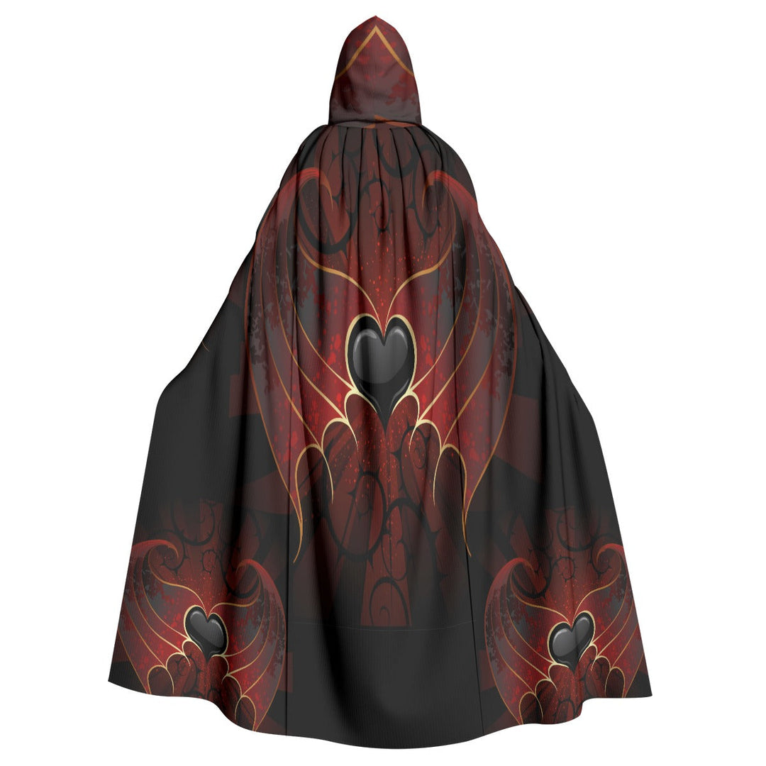 Sea Dragon Dreams unisex hooded cloak in black and red with heart and wing patterns on smooth scuba fabric.