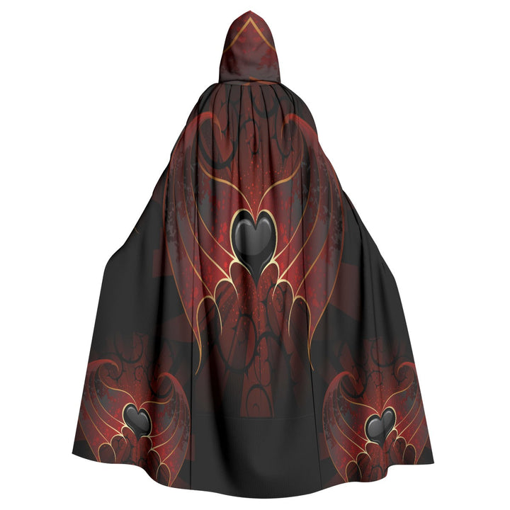 Sea Dragon Dreams unisex hooded cloak in black and red with heart and wing patterns on smooth scuba fabric.