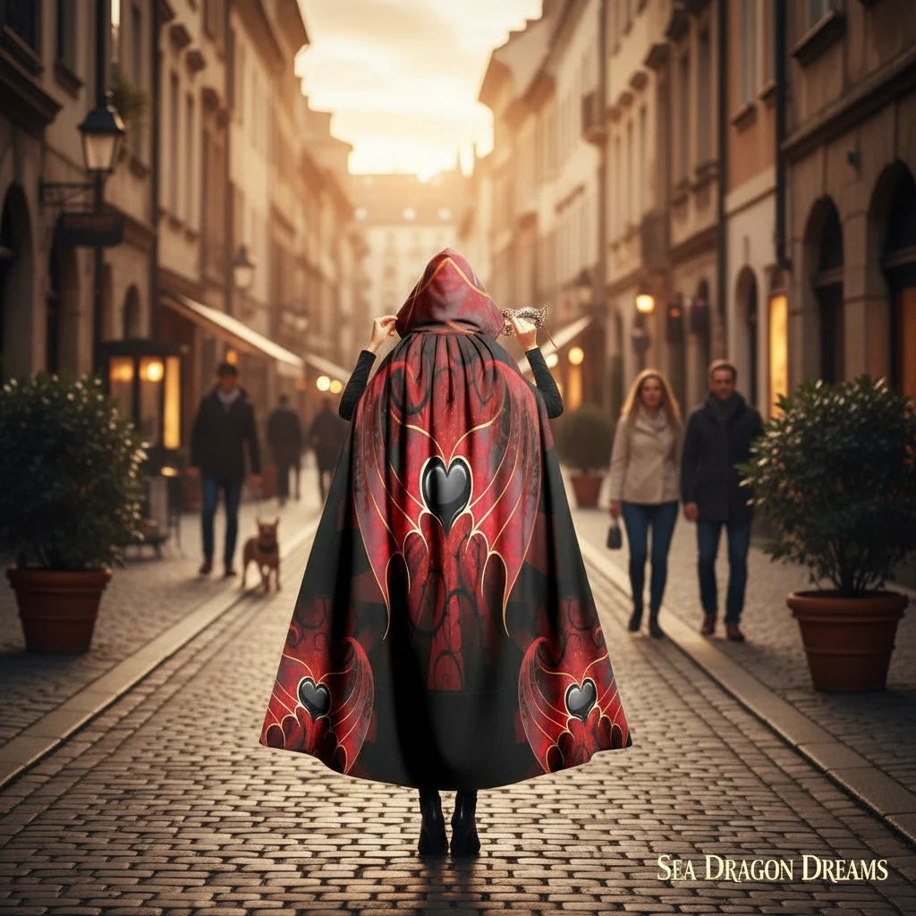 Sea Dragon Dreams unisex hooded cloak with red and black heart wing pattern, worn on a cobblestone street at sunset.