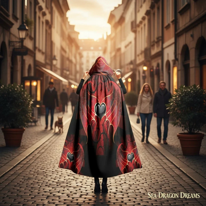 Sea Dragon Dreams unisex hooded cloak with red and black heart wing pattern, worn on a cobblestone street at sunset.