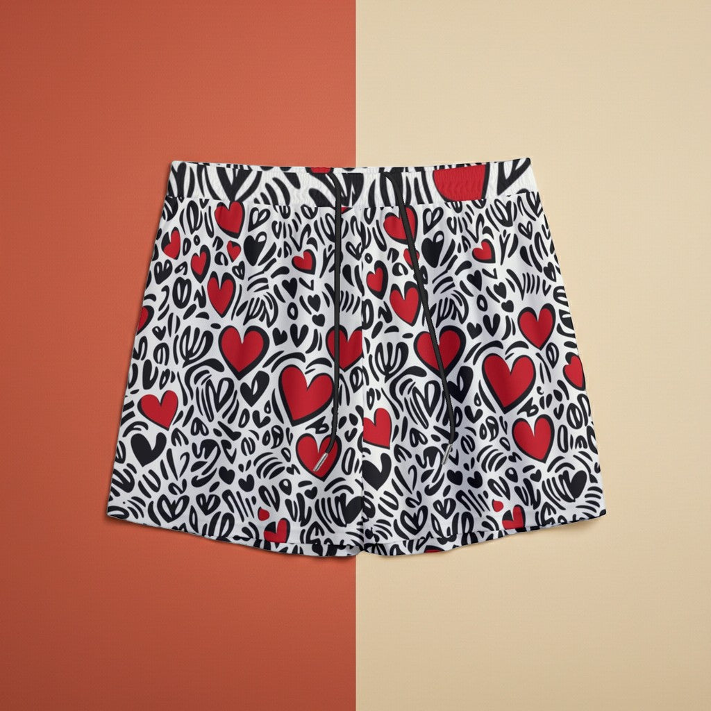 Sea Dragon Dreams men's swim shorts featuring a colorful red heart pattern on a white and black abstract background.