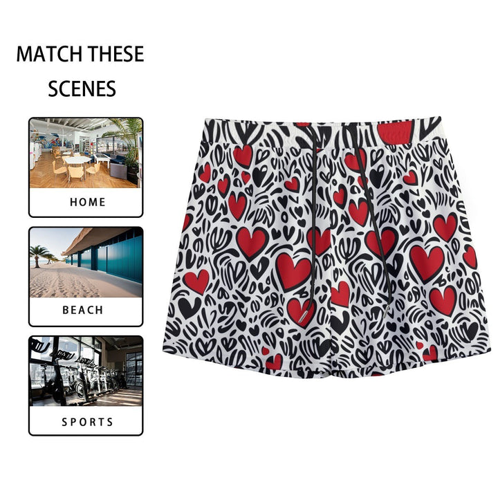 Sea Dragon Dreams men's swim shorts featuring a colorful red heart pattern on a black and white abstract background