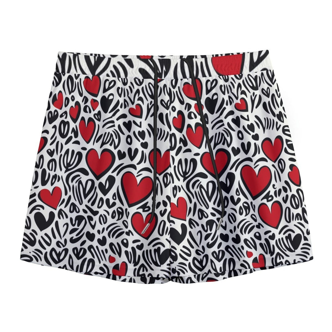 Sea Dragon Dreams men's swim shorts featuring a colorful red heart pattern on a black and white abstract background.