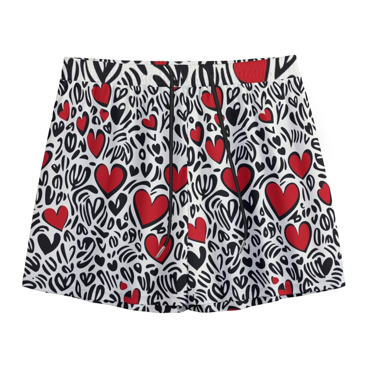 Sea Dragon Dreams men's swim shorts featuring a colorful red heart pattern on a black and white abstract background.