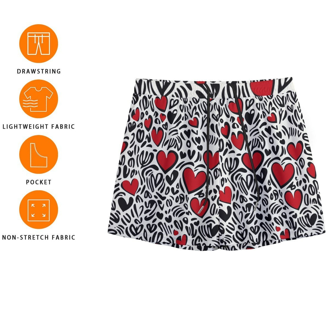 Sea Dragon Dreams men's swim shorts featuring a colorful red heart pattern on a black and white abstract background.