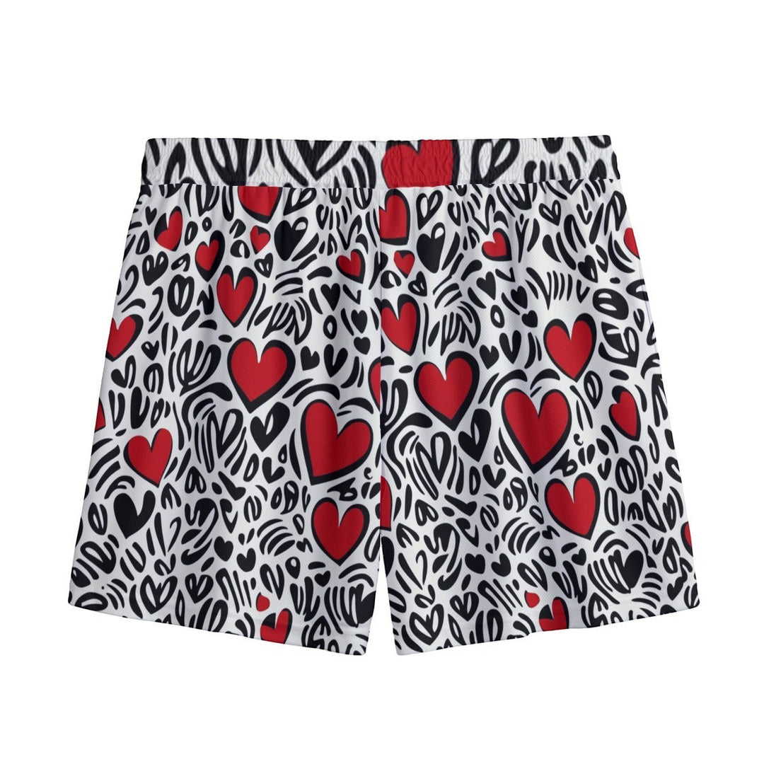 Sea Dragon Dreams men's swim shorts featuring a colorful red heart pattern on a white and black abstract background.