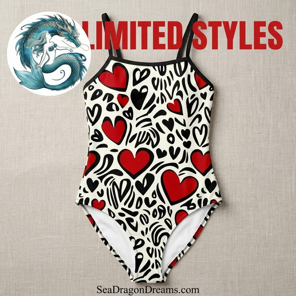 Sea Dragon Dreams one-piece swimsuit featuring a playful red and black heart pattern on a cream background.