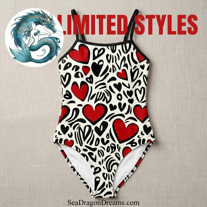 Sea Dragon Dreams one-piece swimsuit featuring a playful red and black heart pattern on a cream background.