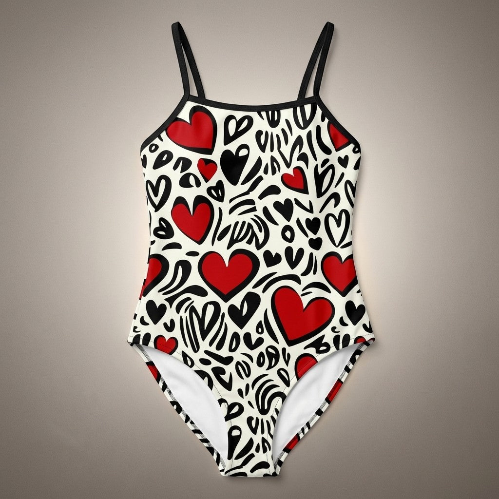 Sea Dragon Dreams one-piece swimsuit with a playful red and black heart pattern on a cream background.