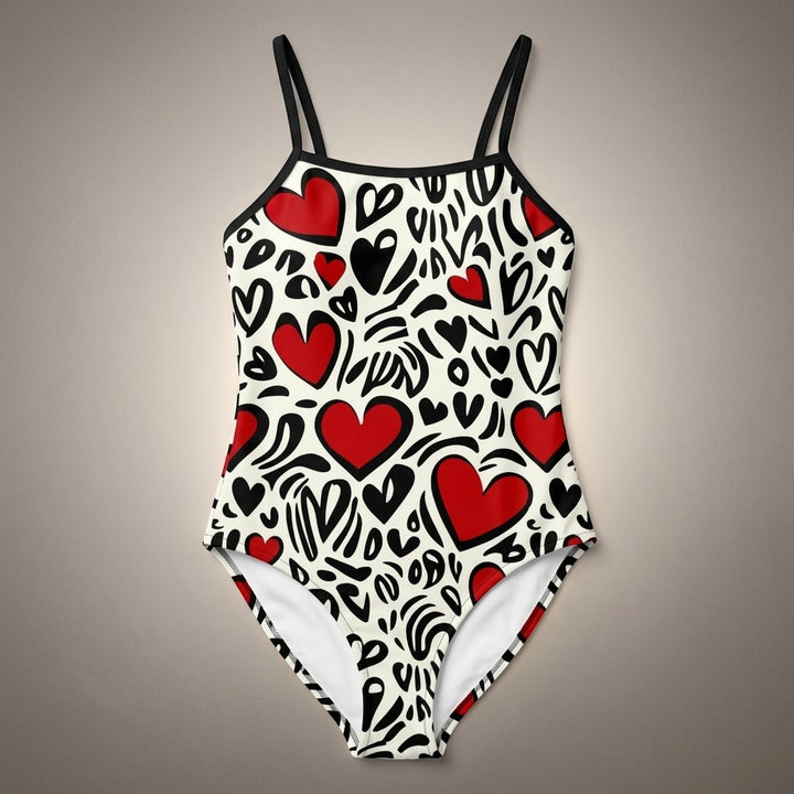 Sea Dragon Dreams one-piece swimsuit with a playful red and black heart pattern on a cream background.