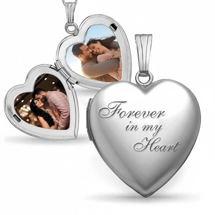 Sea Dragon Dreams stainless steel heart locket necklace with Forever in my Heart engraving and two custom photos inside