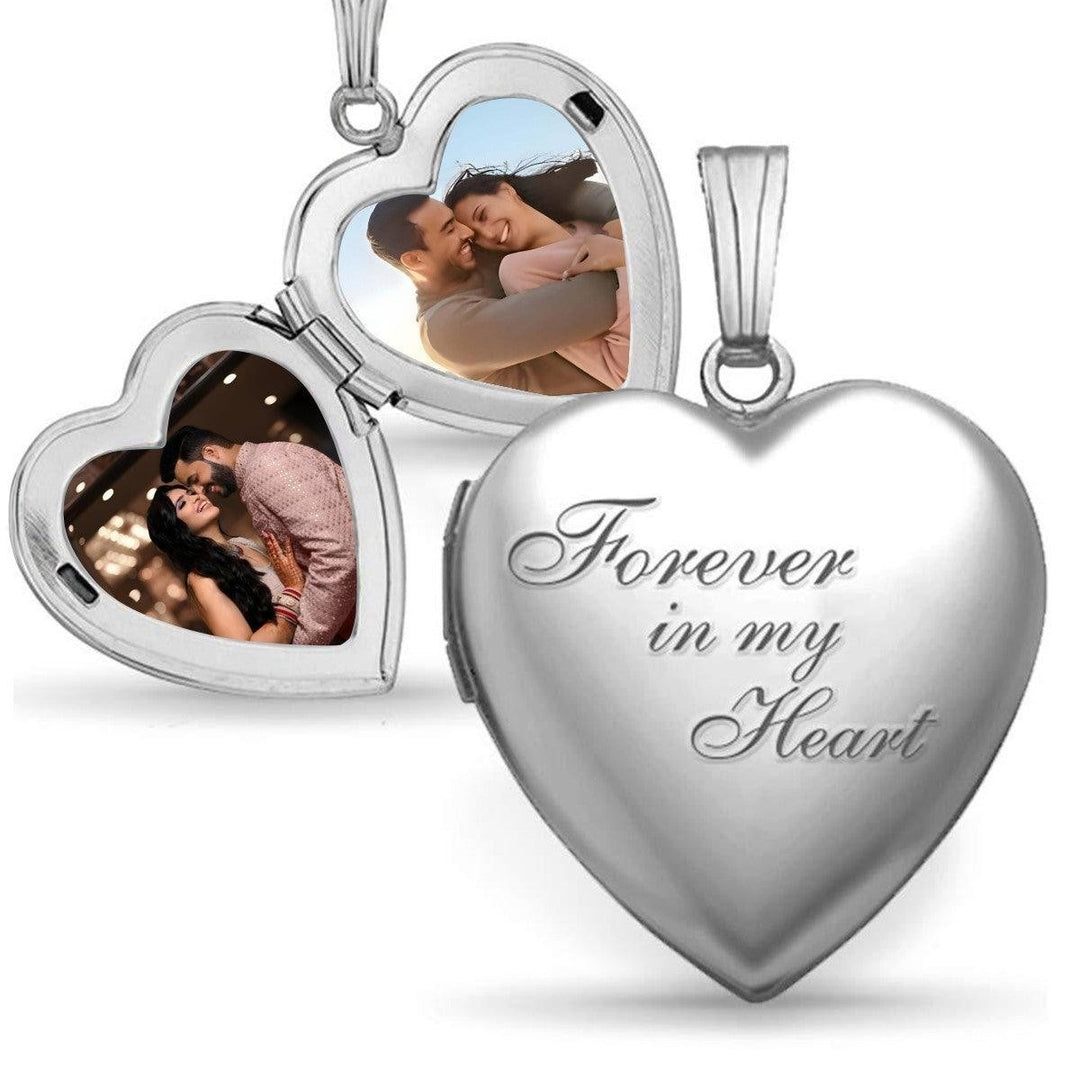 Sea Dragon Dreams stainless steel heart locket necklace with two custom photos inside and Forever in my Heart engraving