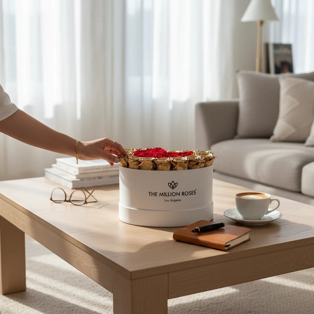 Sea Dragon Dreams heart-shaped white box filled with preserved red and 24K gold roses on a wooden coffee table.