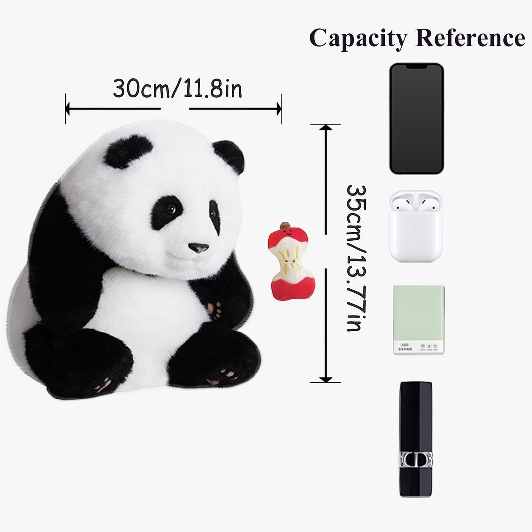Sea Dragon Dreams Hehua panda plush backpack showing dimensions and capacity for phone, earbuds, and cosmetics.