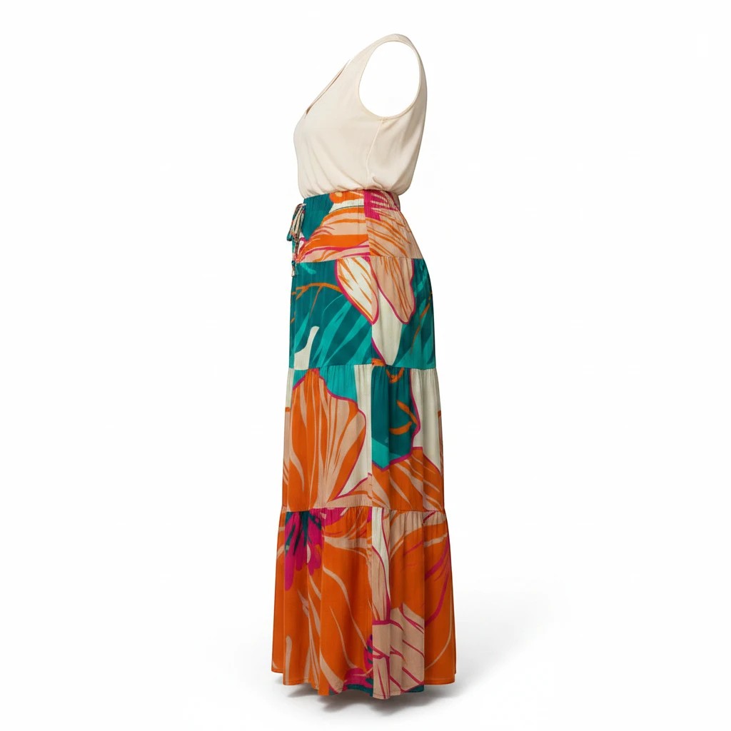 Sea Dragon Dreams women's maxi skirt with a vibrant hibiscus floral print, pleated detailing, and a flowing silhouette.
