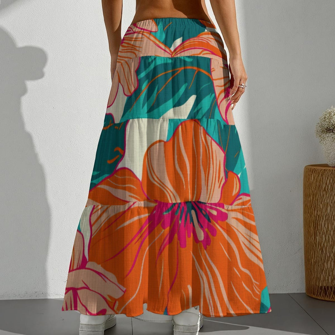 Sea Dragon Dreams pleated maxi skirt with vibrant orange and teal hibiscus floral print, back view