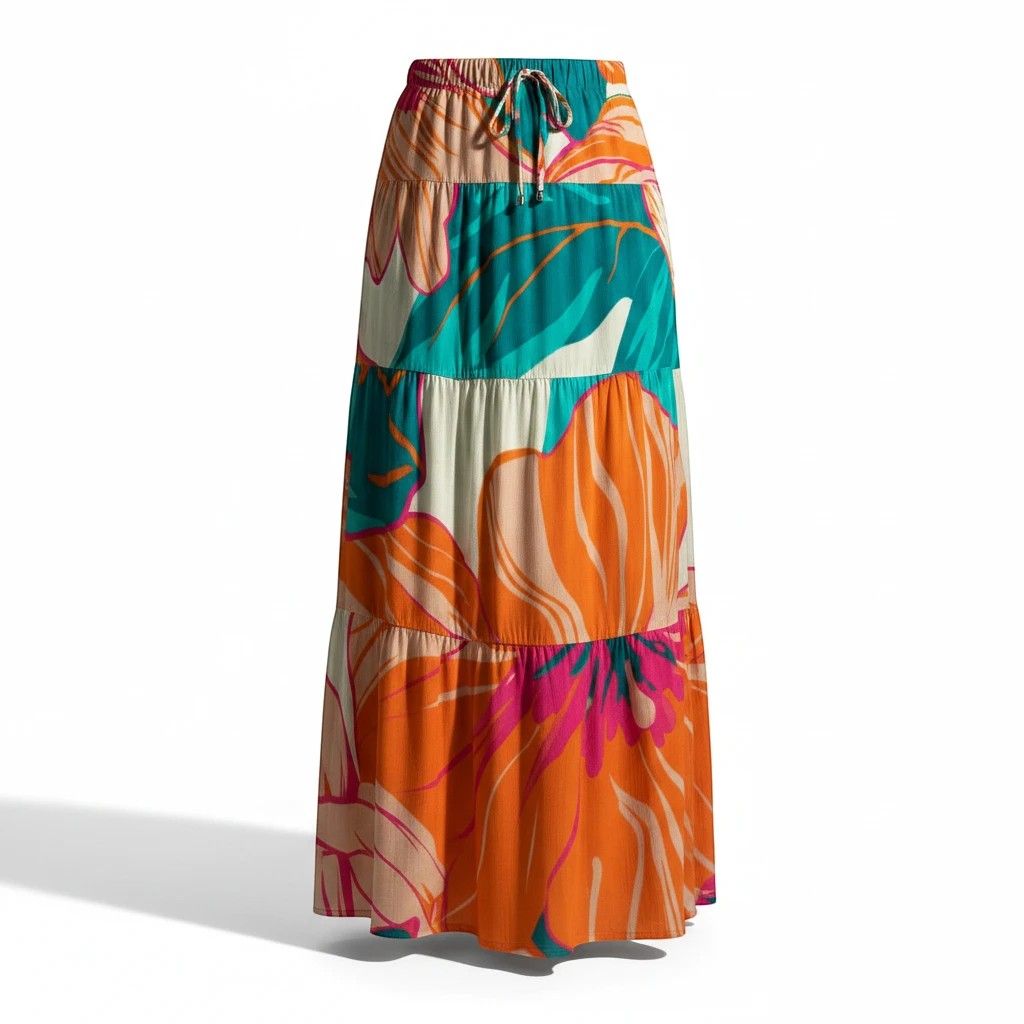 Sea Dragon Dreams pleated maxi skirt featuring a vibrant orange, teal, and cream tropical hibiscus flower print.