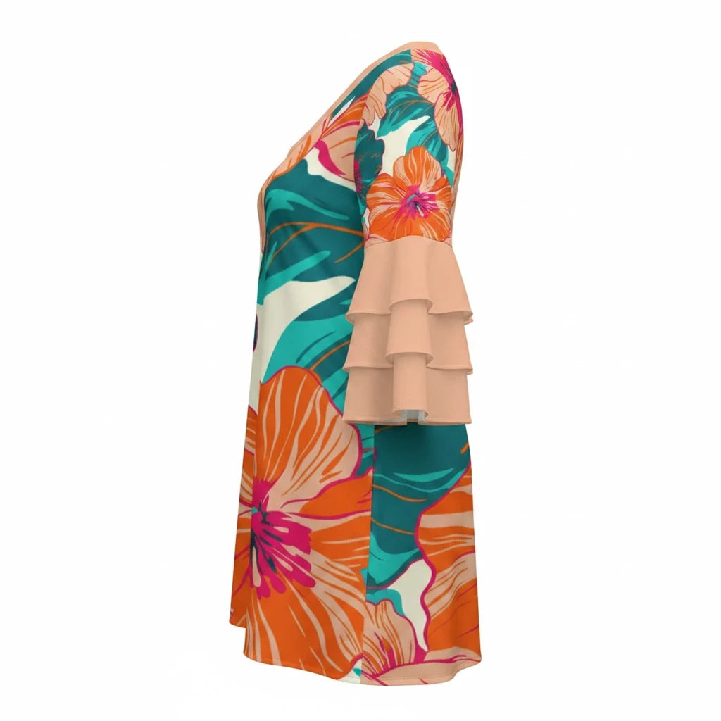 Sea Dragon Dreams Hibiscus Delight dress featuring a vibrant floral print and tiered ruffle sleeves in a side view.