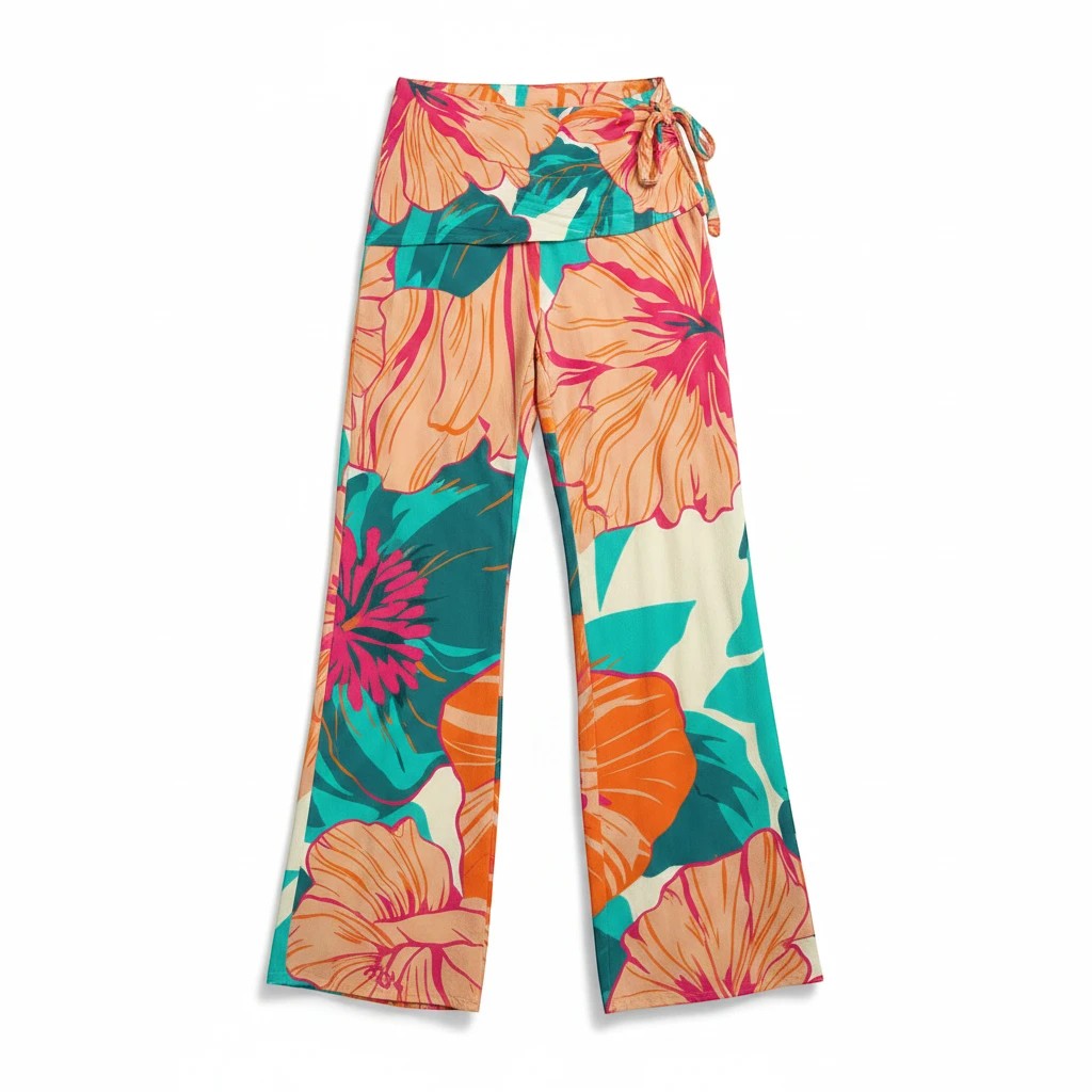 Sea Dragon Dreams high-waist wide-leg pants with a vibrant tropical hibiscus floral print and adjustable side tie.