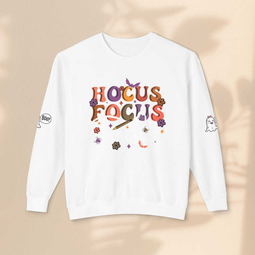 Sea Dragon Dreams white crewneck sweatshirt with Hocus Focus Teacher graphic, ghost and spider motifs on sleeves.