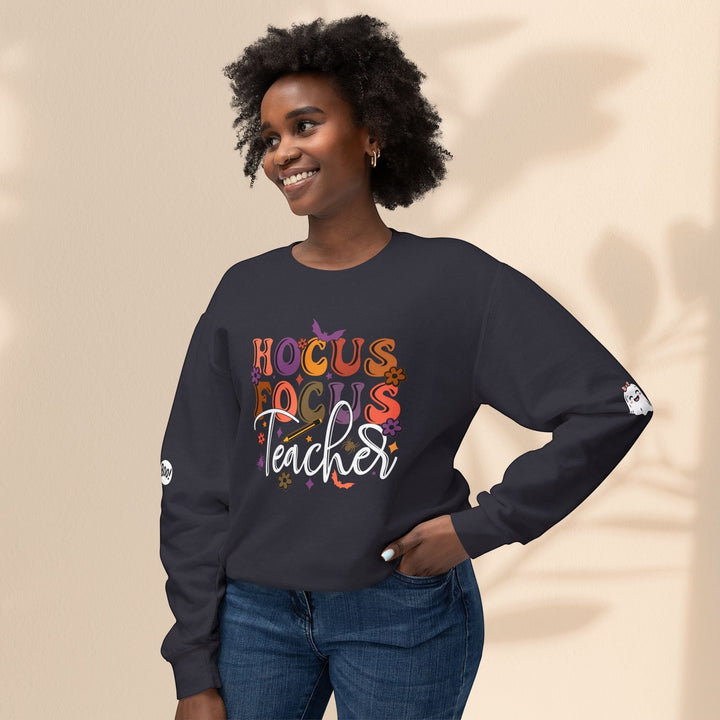 Sea Dragon Dreams unisex crewneck sweatshirt in dark grey with Hocus Focus Teacher graphic and ghost sleeve detail