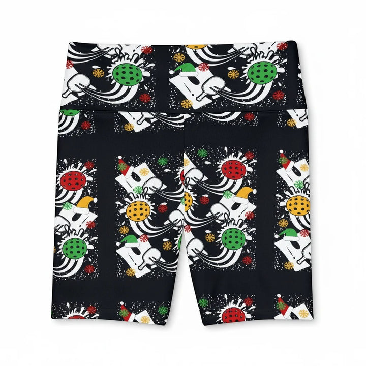 Sea Dragon Dreams women's workout shorts with a festive holiday pickleball print on black moisture-wicking fabric.