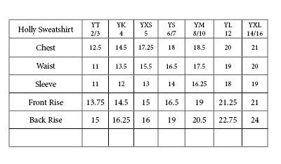 Sea Dragon Dreams Holly Sweatshirt size chart showing chest, waist, sleeve, and rise measurements for girls sizes