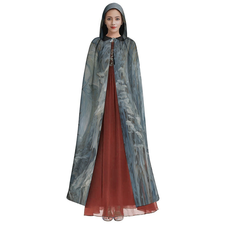 Sea Dragon Dreams unisex hooded cloak in grey with dragon-inspired fantasy print, made from soft microfiber fabric.