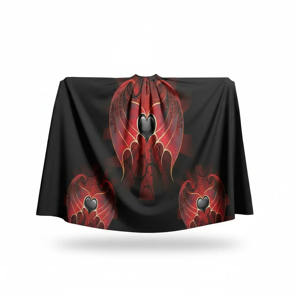 Sea Dragon Dreams unisex hooded cloak in black scuba fabric with red heart and wing graphic print
