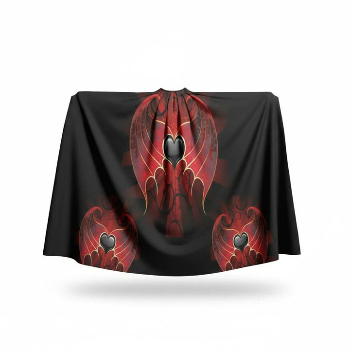 Sea Dragon Dreams unisex hooded cloak in black scuba fabric with red heart and wing graphic print