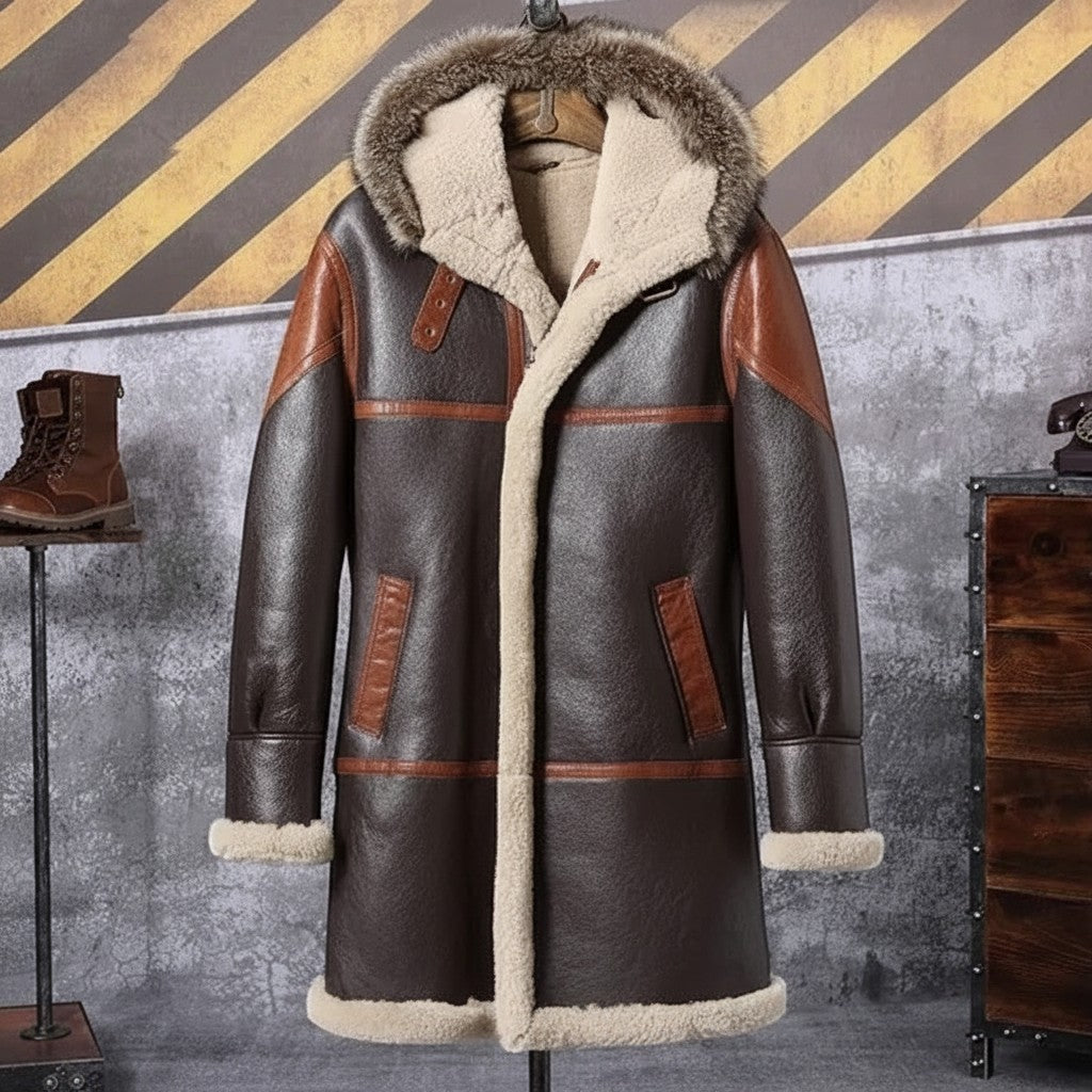 Sea Dragon Dreams men's hooded shearling leather trench coat in dark brown with tan leather accents and fur trim.