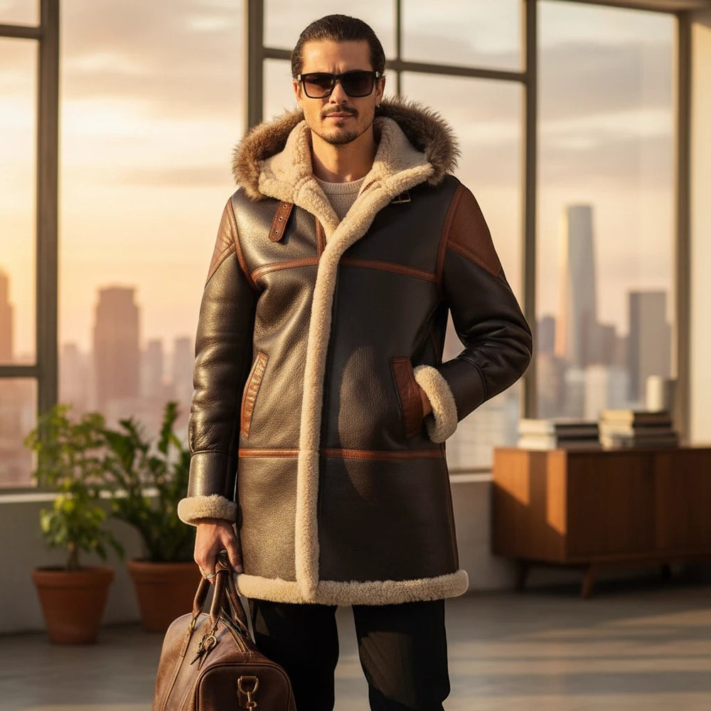 Sea Dragon Dreams men's hooded shearling leather trench coat with a plush lining, worn by a man in a city apartment.