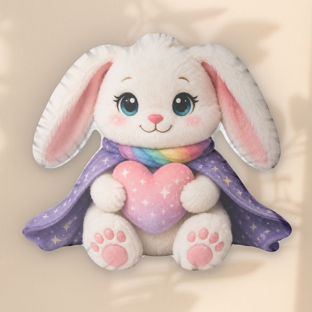 Sea Dragon Dreams Brave Buddies Hope Bunny plush pillow with a purple star cape, rainbow scarf, and pink heart.