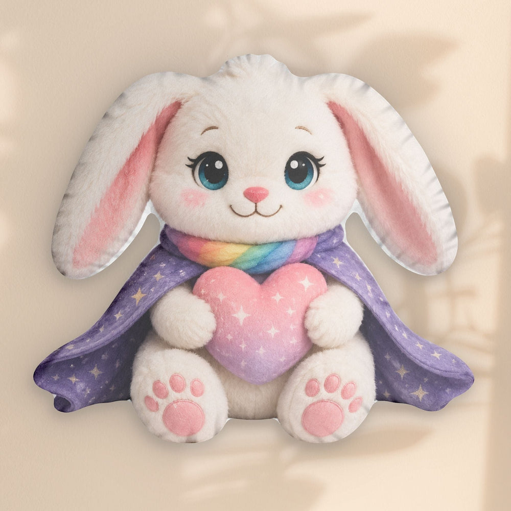 Sea Dragon Dreams Hope Bunny pillow featuring a white rabbit in a purple star cape holding a pink heart.