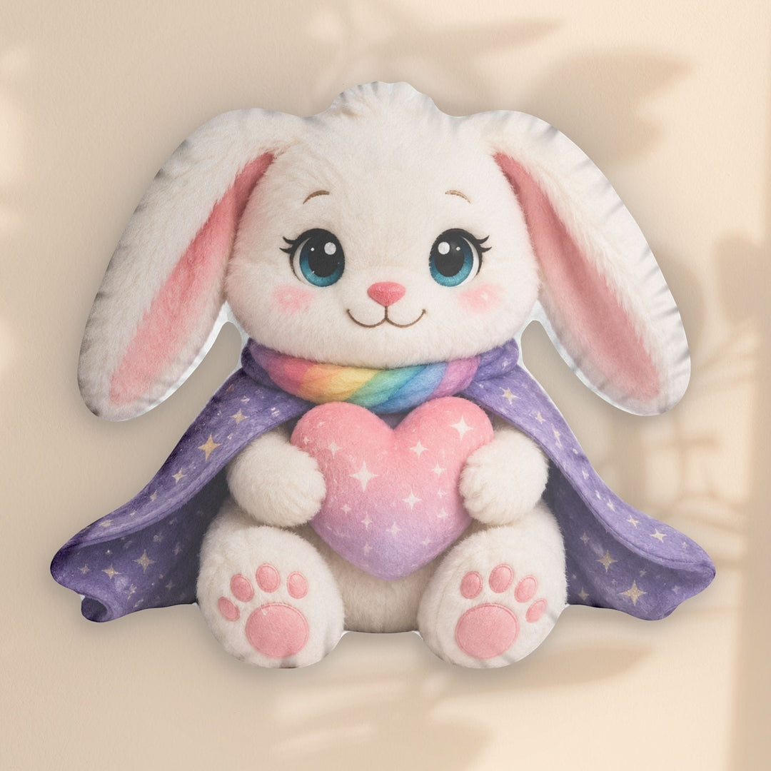 Sea Dragon Dreams Hope Bunny pillow featuring a white rabbit in a purple star cape holding a pink heart.