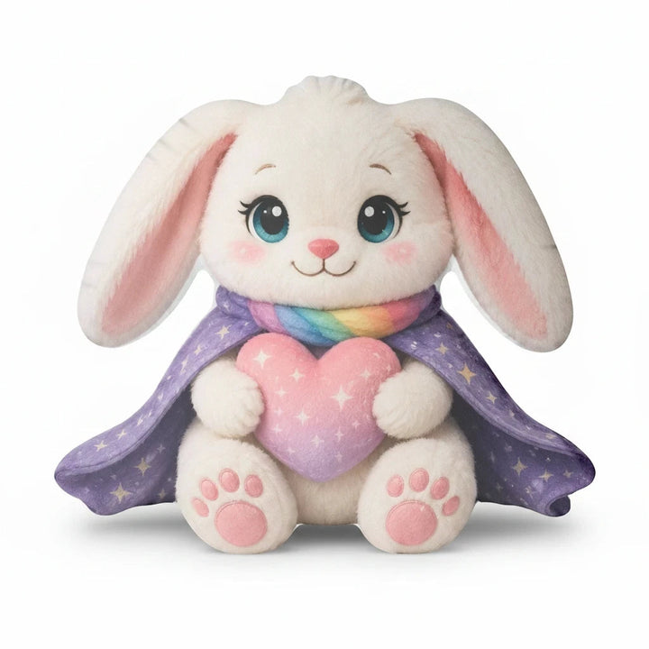 Sea Dragon Dreams Hope Bunny plush pillow with a purple star cape, rainbow scarf, and a pink heart for kids.
