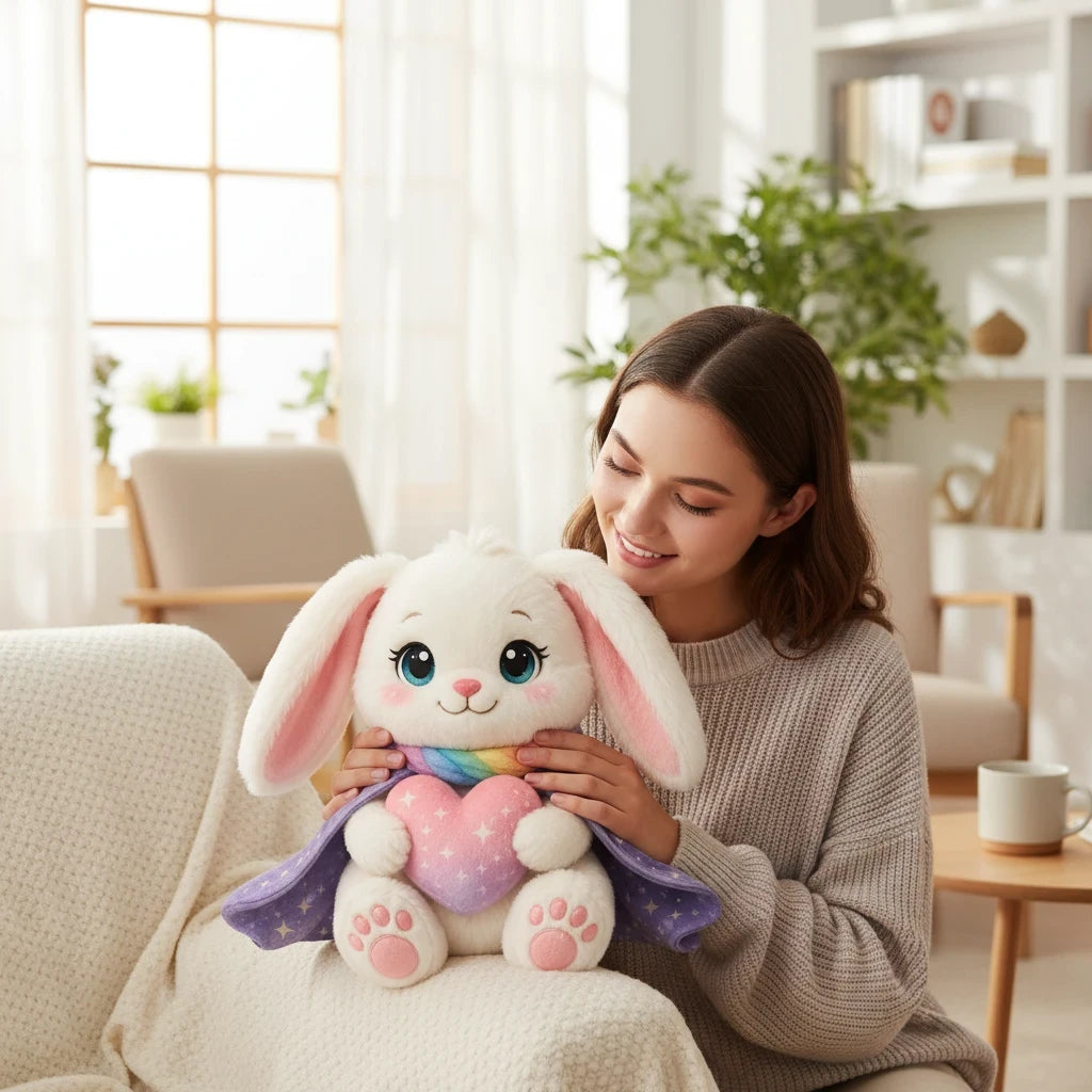 Sea Dragon Dreams Hope Bunny plush pillow featuring a heart and cape, held by a woman in a cozy living room.