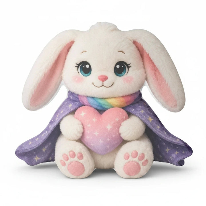 Sea Dragon Dreams Hope Bunny plush pillow with a purple star cape, rainbow scarf, and a pink heart for kids.