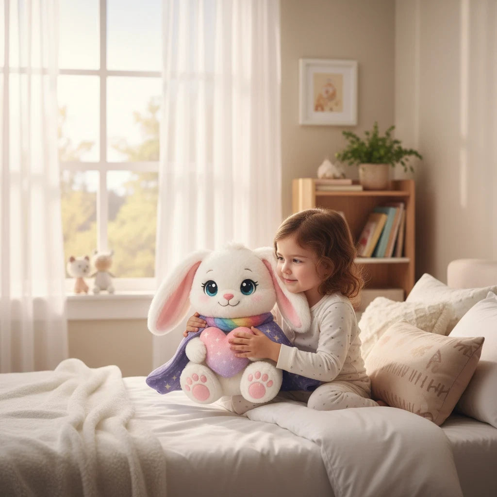 Sea Dragon Dreams Hope Bunny plush pillow held by a young girl in a cozy bedroom, featuring a soft, huggable design.
