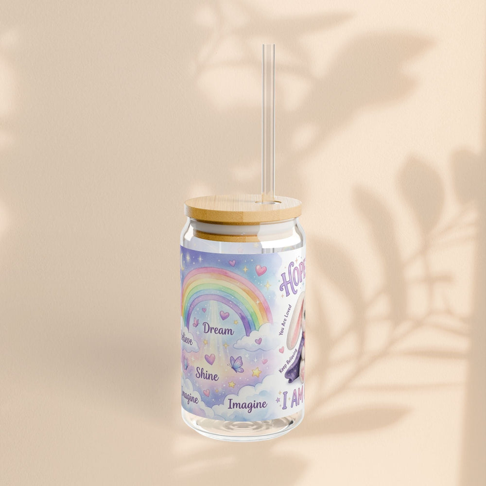 Sea Dragon Dreams 16oz sipper glass featuring Hope Bunny, pastel rainbow, and I Am Hopeful affirmation with bamboo lid