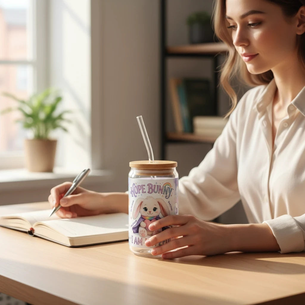 Sea Dragon Dreams 16oz sipper glass with Hope Bunny design, bamboo lid, and straw, held by a woman at a desk.